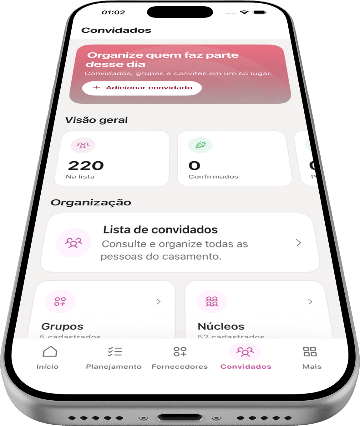 Tela do Caszei para organizar lista de convidados, grupos e confirmações