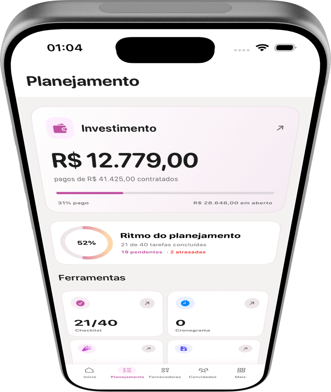 Tela de planejamento do Caszei com investimento, progresso e ferramentas de organização