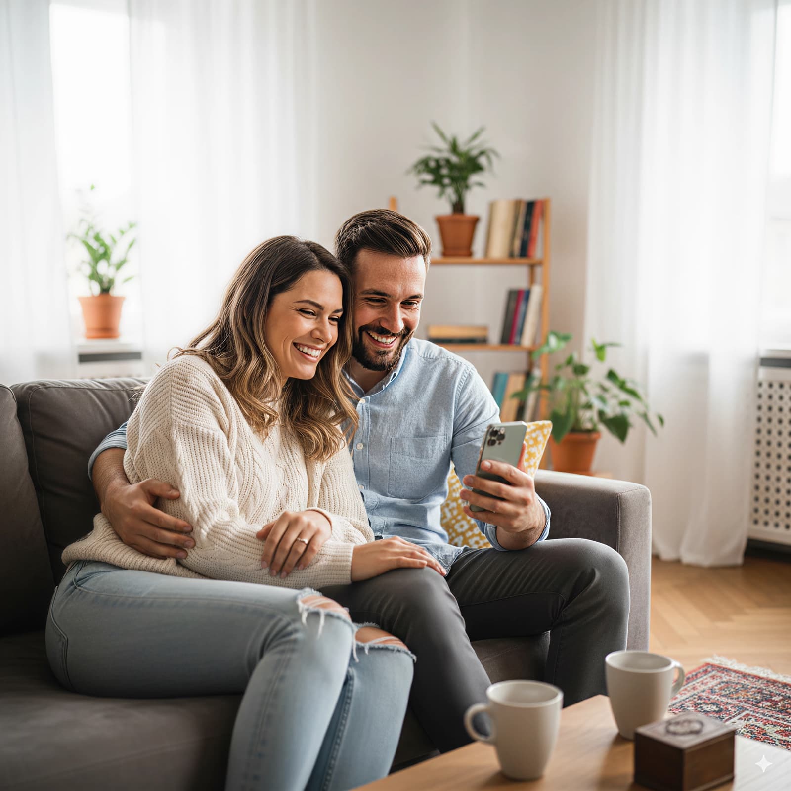 Casal sorrindo enquanto vê o convite digital no celular