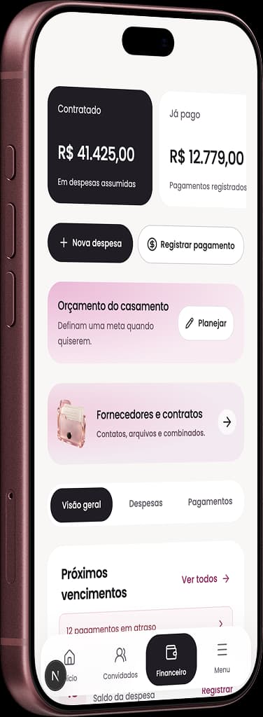 Financeiro do Caszei no celular, com despesas, pagamentos e fornecedores
