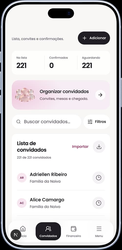 Lista de convidados do Caszei, com busca, filtros e presença